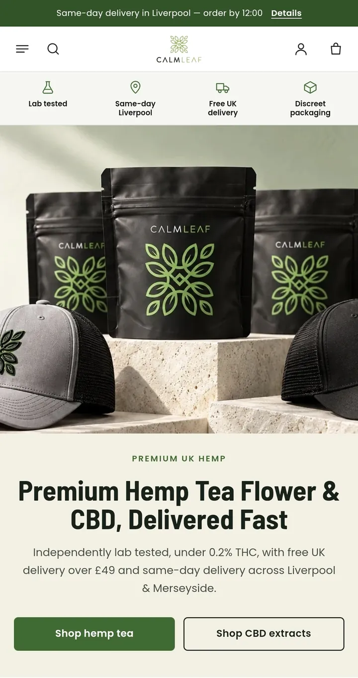 CALMLEAF Shopify homepage with product packaging