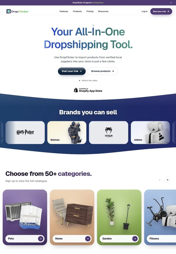DropClicker marketing site with a brand carousel