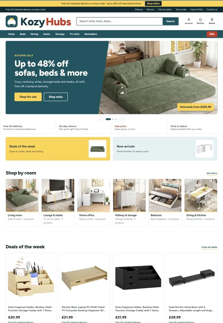 KozyHubs furniture store homepage with shop-by-room